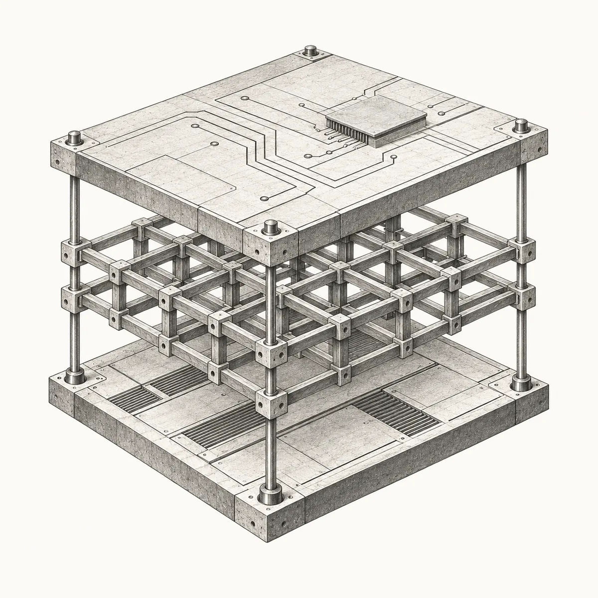 Separated technology layers revealing the infrastructure beneath
